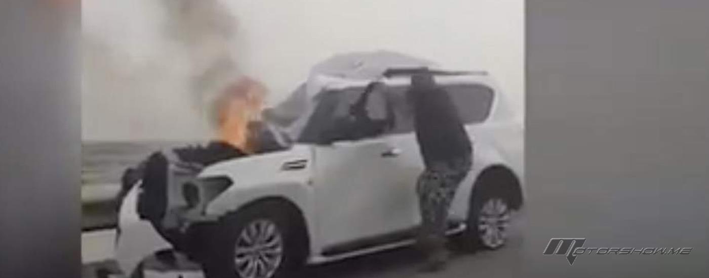  فيديو: شرطي شجاع ينقذ إماراتي من حريق سيارة في دبي