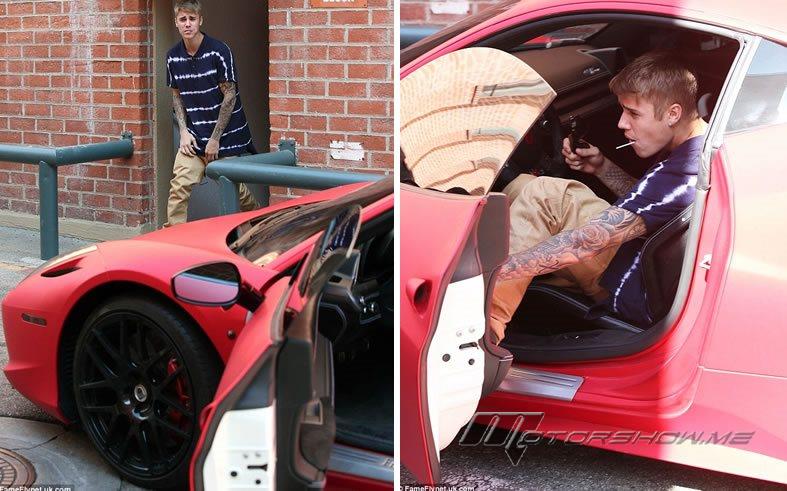 Justin Bieber Drives around Beverly Hills in his newly painted Ferrari