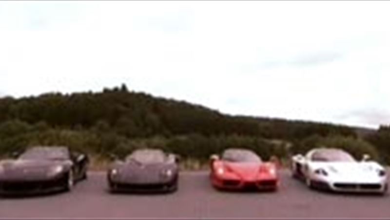 Supercar match between Ferrari F60 Enzo, Koenigsegg CCX, Porsche Carrera GT, Maserati MC12 and Pagani Zonda on Nurburgring